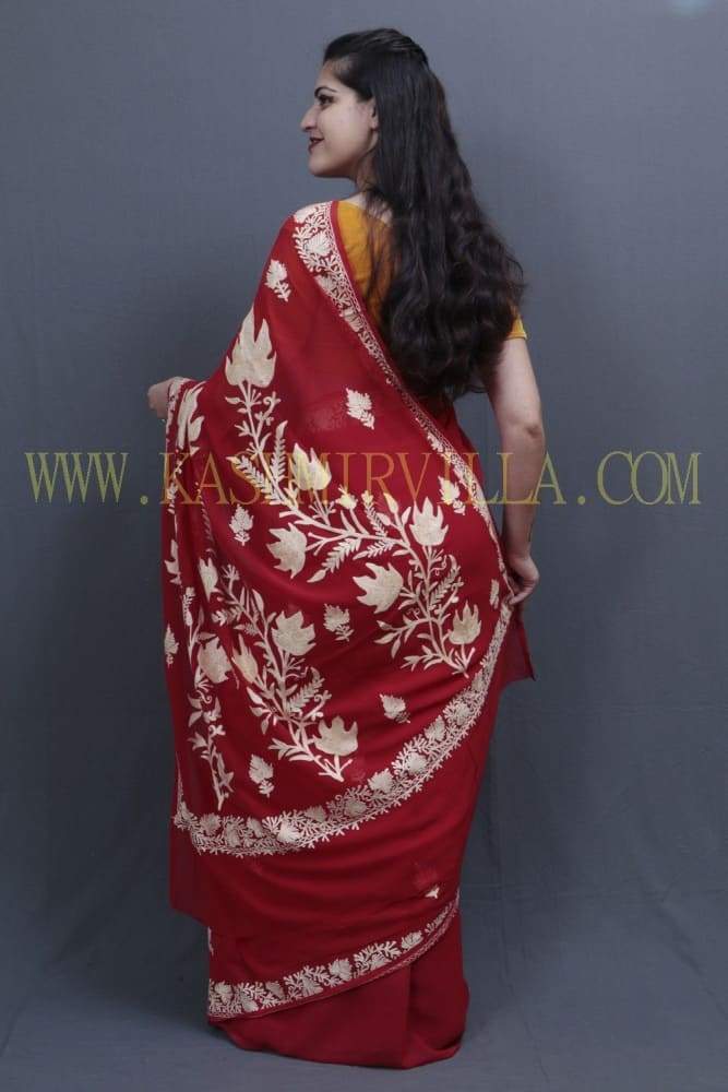 Red Colour Kashida Work Saree With Wonderful Designing