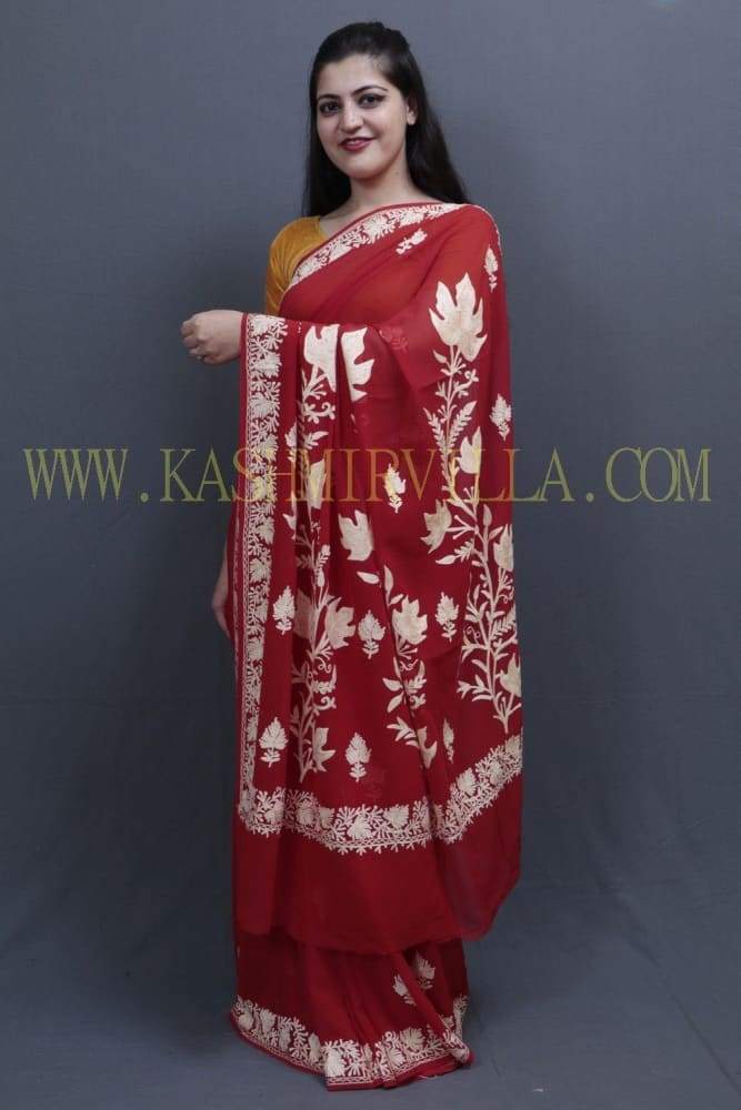 Red Colour Kashida Work Saree With Wonderful Designing