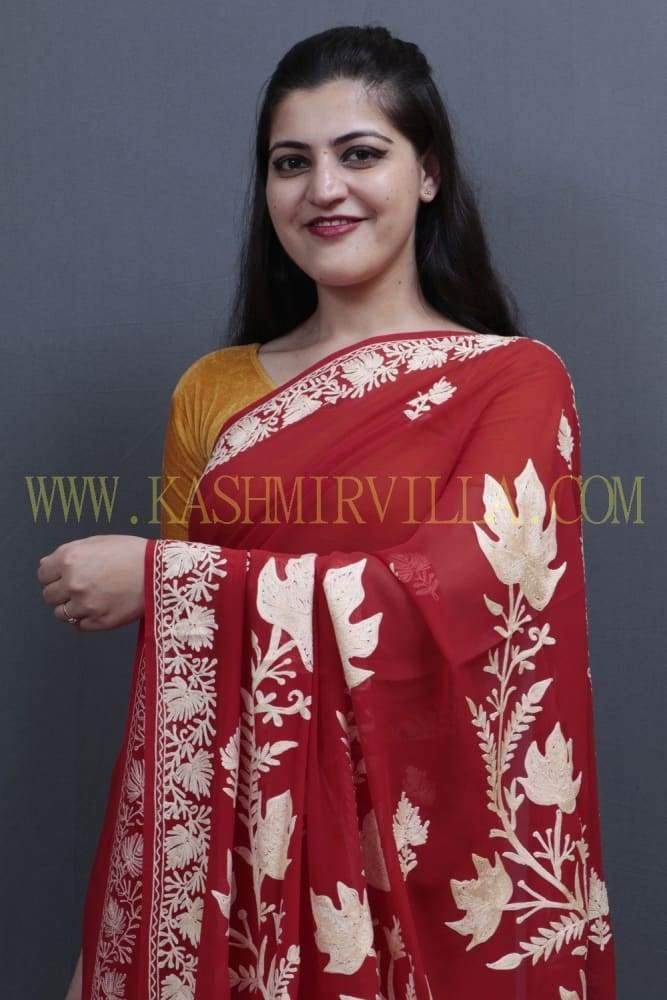 Red Colour Kashida Work Saree With Wonderful Designing