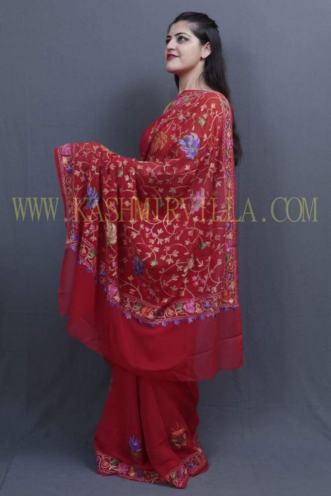 Red Colour Kashida Work Saree With Wonderful Designing