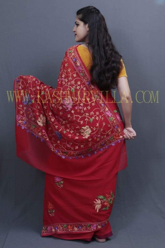 Red Colour Kashida Work Saree With Wonderful Designing