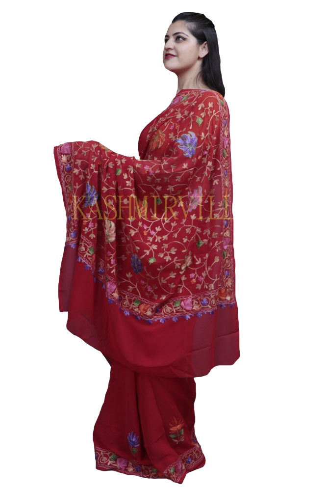 Red Colour Kashida Work Saree With Wonderful Designing