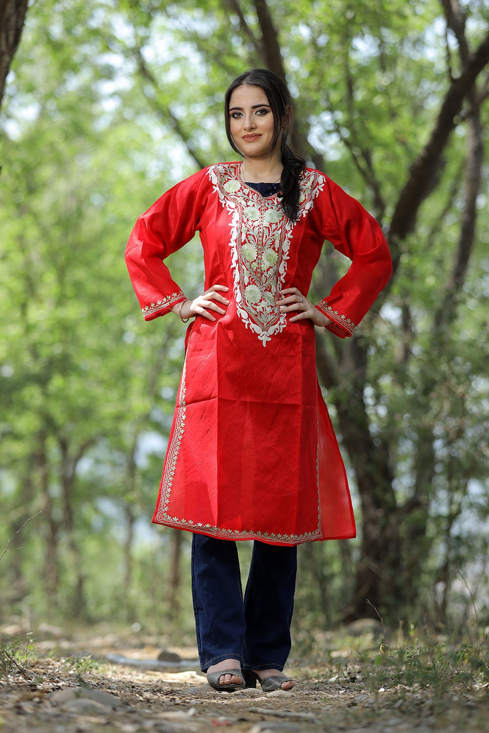 Red Colour Rayon Silk Kurti With Beautiful Aari Embroidery