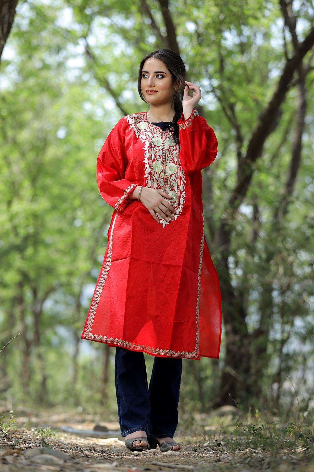 Red Colour Rayon Silk Kurti With Beautiful Aari Embroidery