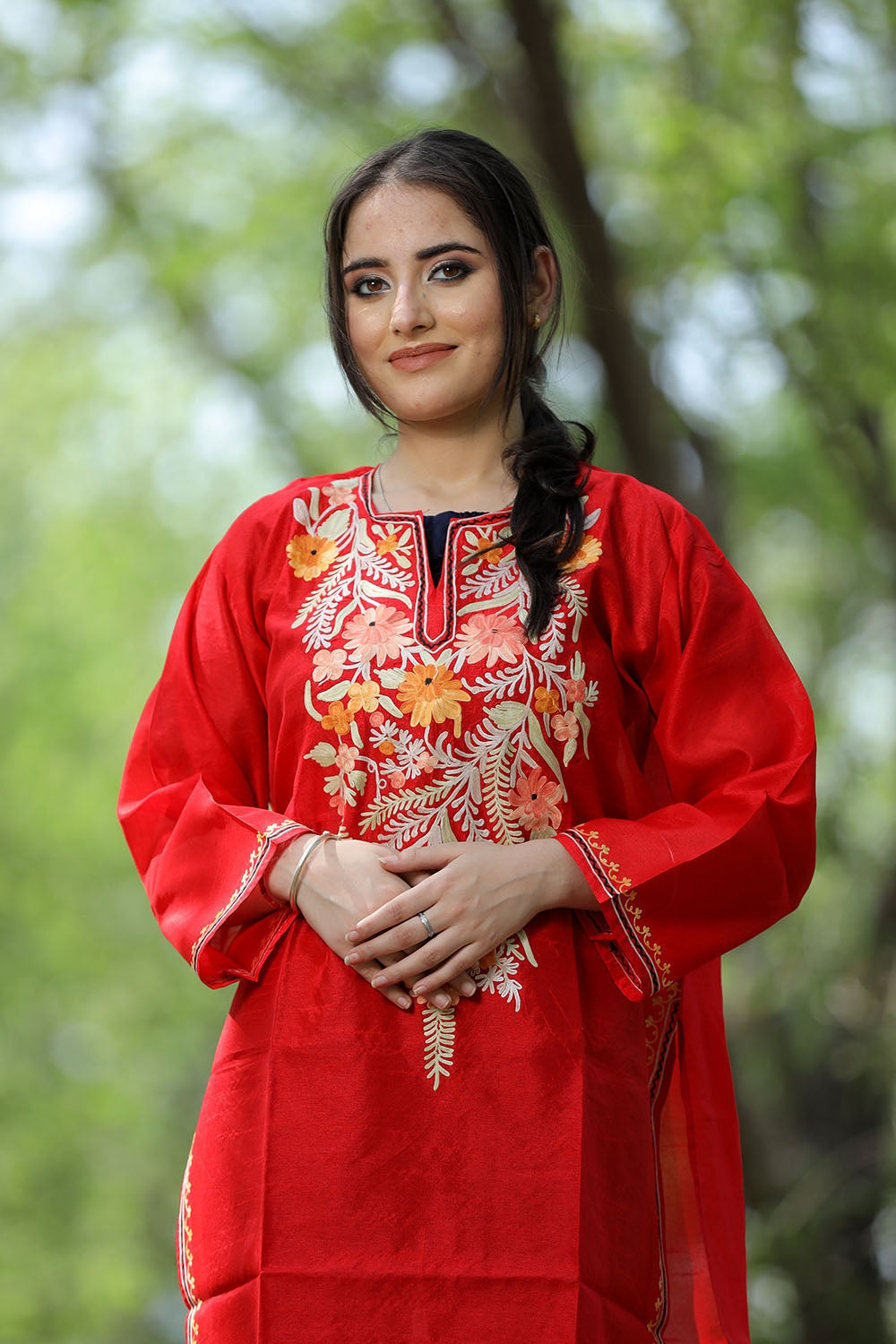 Red Colour Rayon Silk Kurti With Beautiful Aari Embroidery