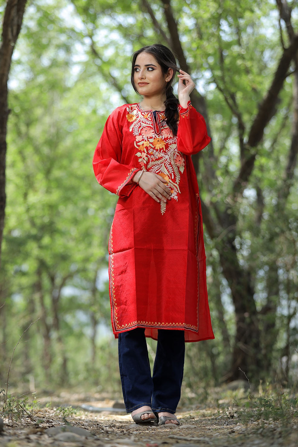 Red Colour Rayon Silk Kurti With Beautiful Aari Embroidery