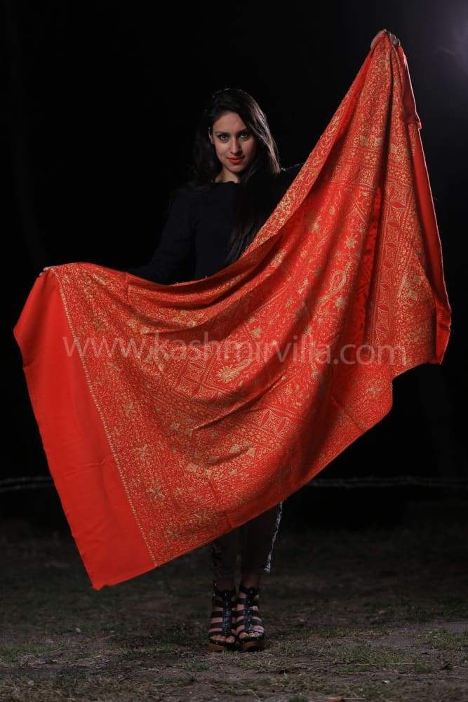 Red Colour SemiPashmina Shawl With Heavy Jaal Is Treated