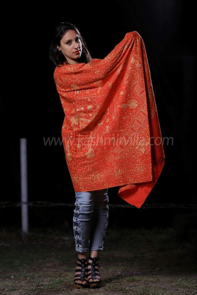 Red Colour SemiPashmina Shawl With Heavy Jaal Is Treated
