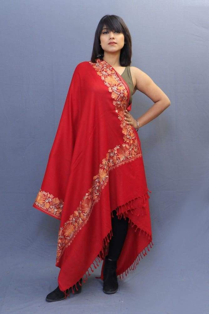 Bright Maroon Colour Shawl With Kashmiri Four Sided Border