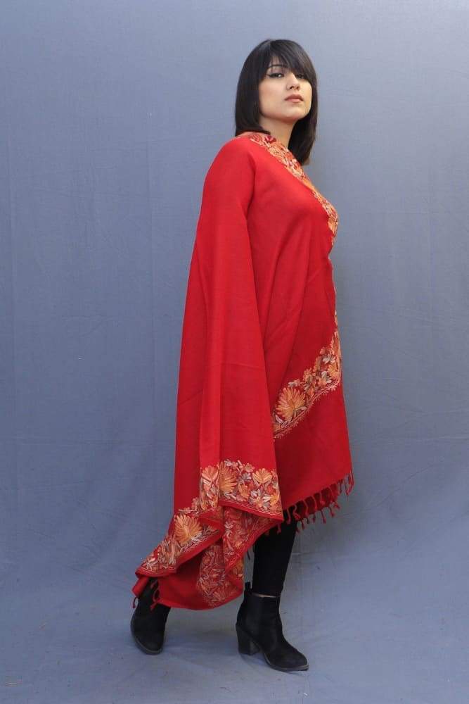 Bright Maroon Colour Shawl With Kashmiri Four Sided Border