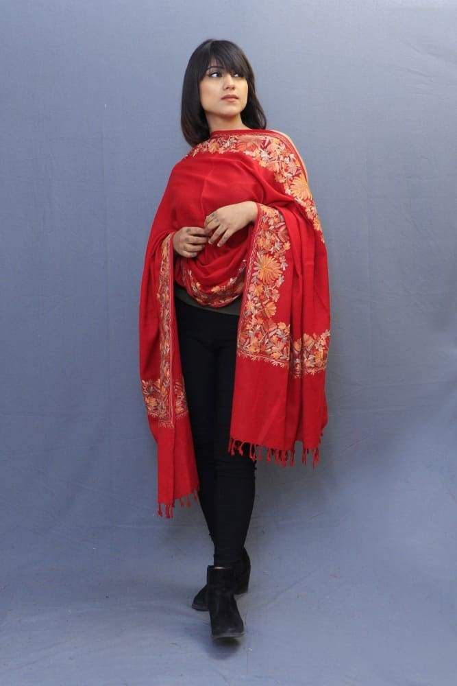 Bright Maroon Colour Shawl With Kashmiri Four Sided Border