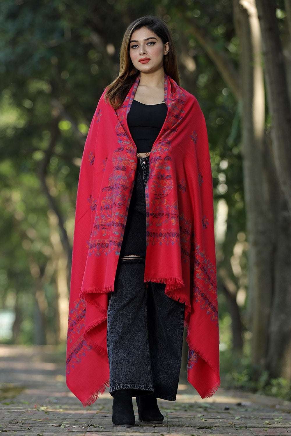 RED COLOUR SHAWL WITH ZARI & KANI WORK DEFINES ROYAL