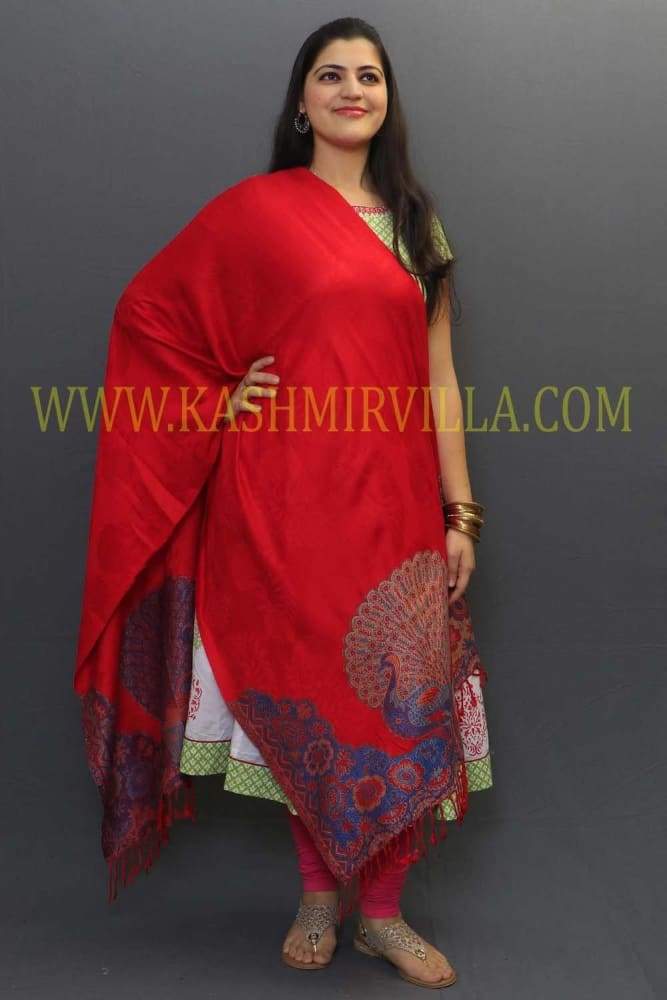 Red Colour Soft Textured Wrap With Peacock Printing