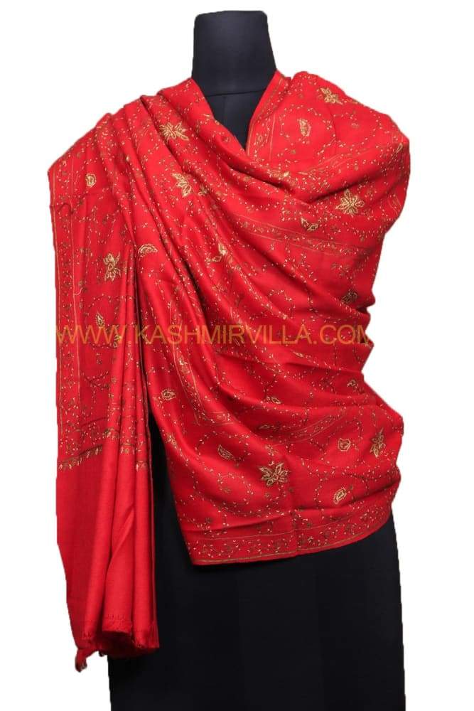 Red Colour Sozni Shawl With Beautiful Allover Jaal Is
