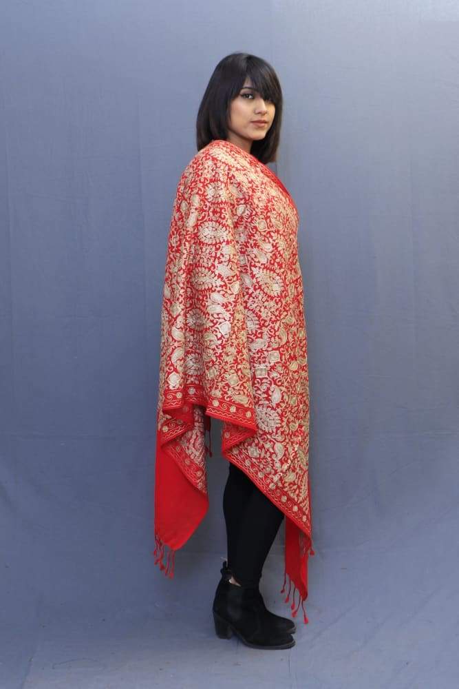 Red Colour Stole With Kashmiri Embroidery Compliments