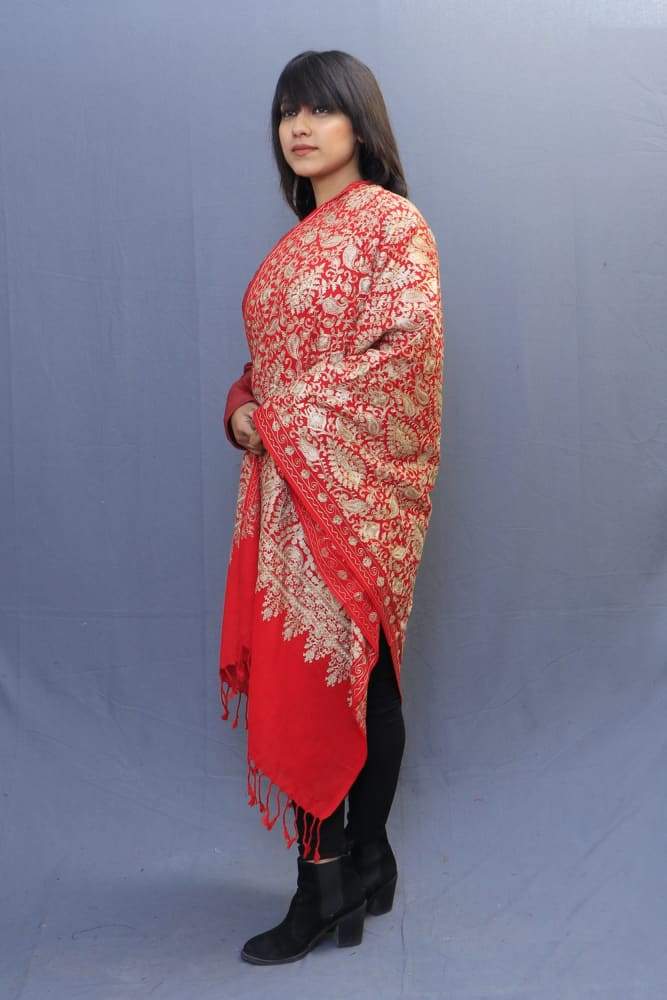 Red Colour Stole With Kashmiri Embroidery Compliments