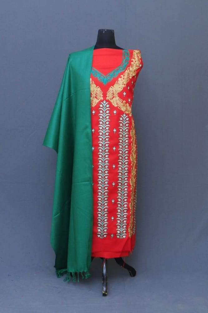 Red Colour Suit With Green Stole Along Attractive