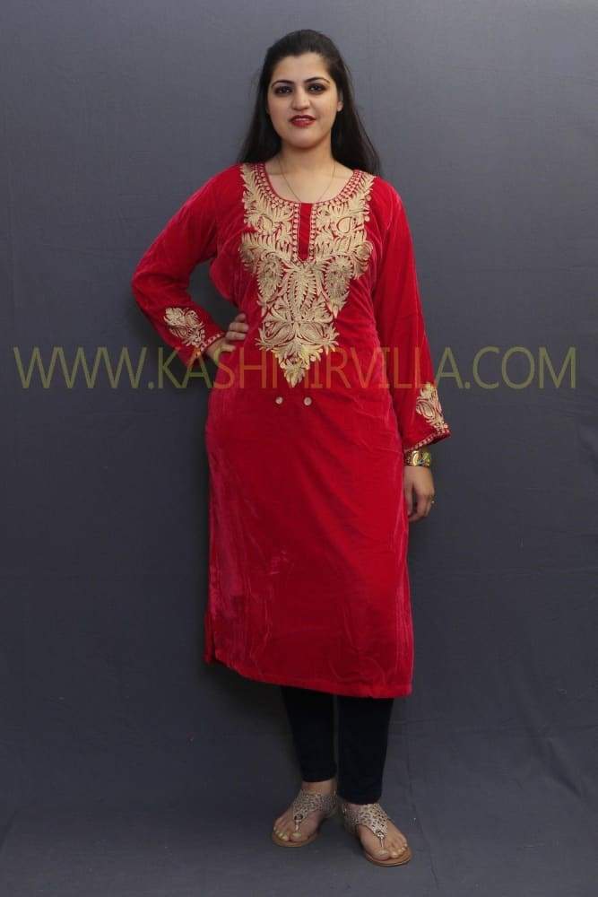 Red Colour Velvet Kurti With Beautiful Tilla Embroidery On Neck