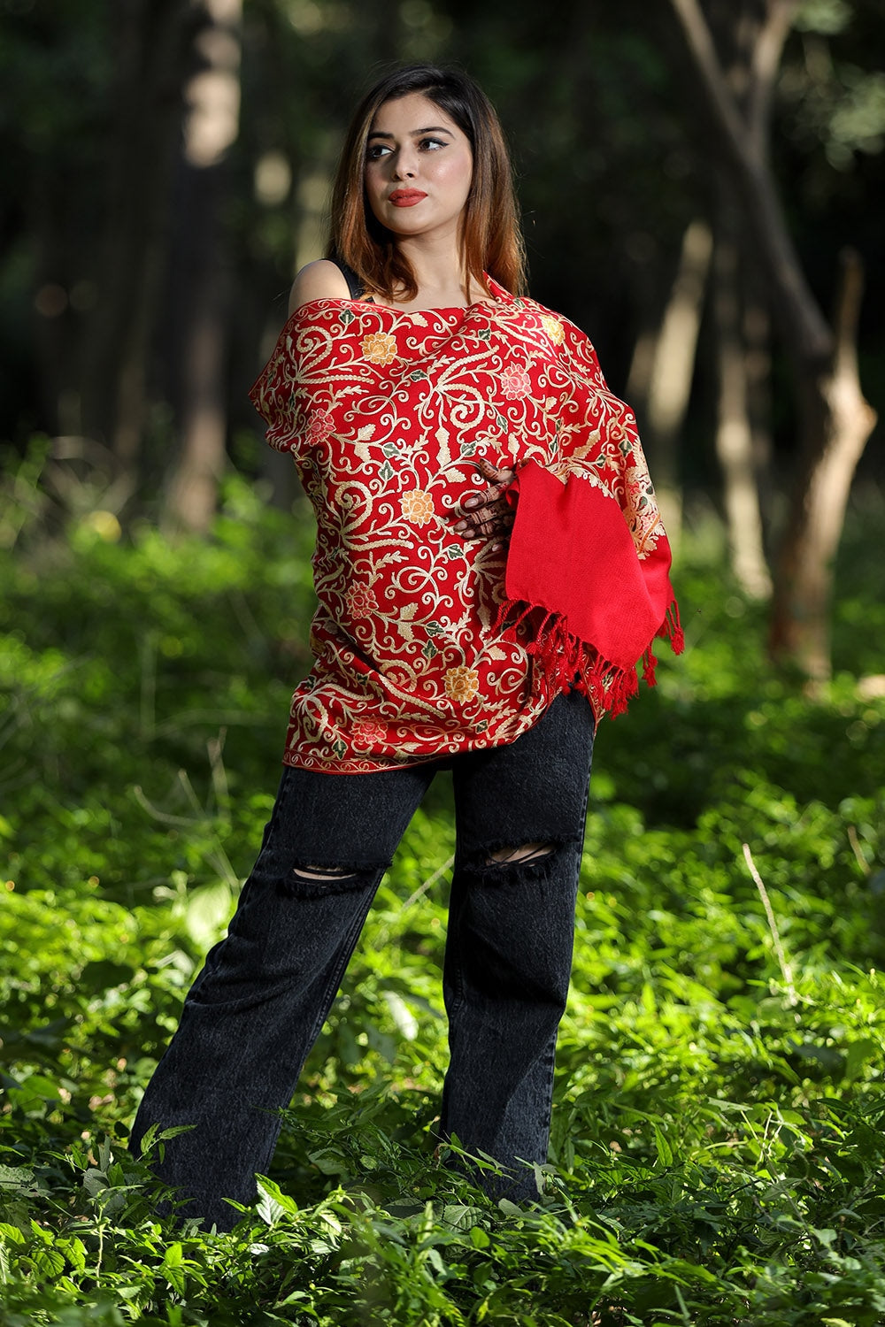 Red Colour Wolen Base With Rich All Over Kashmiri Jaal