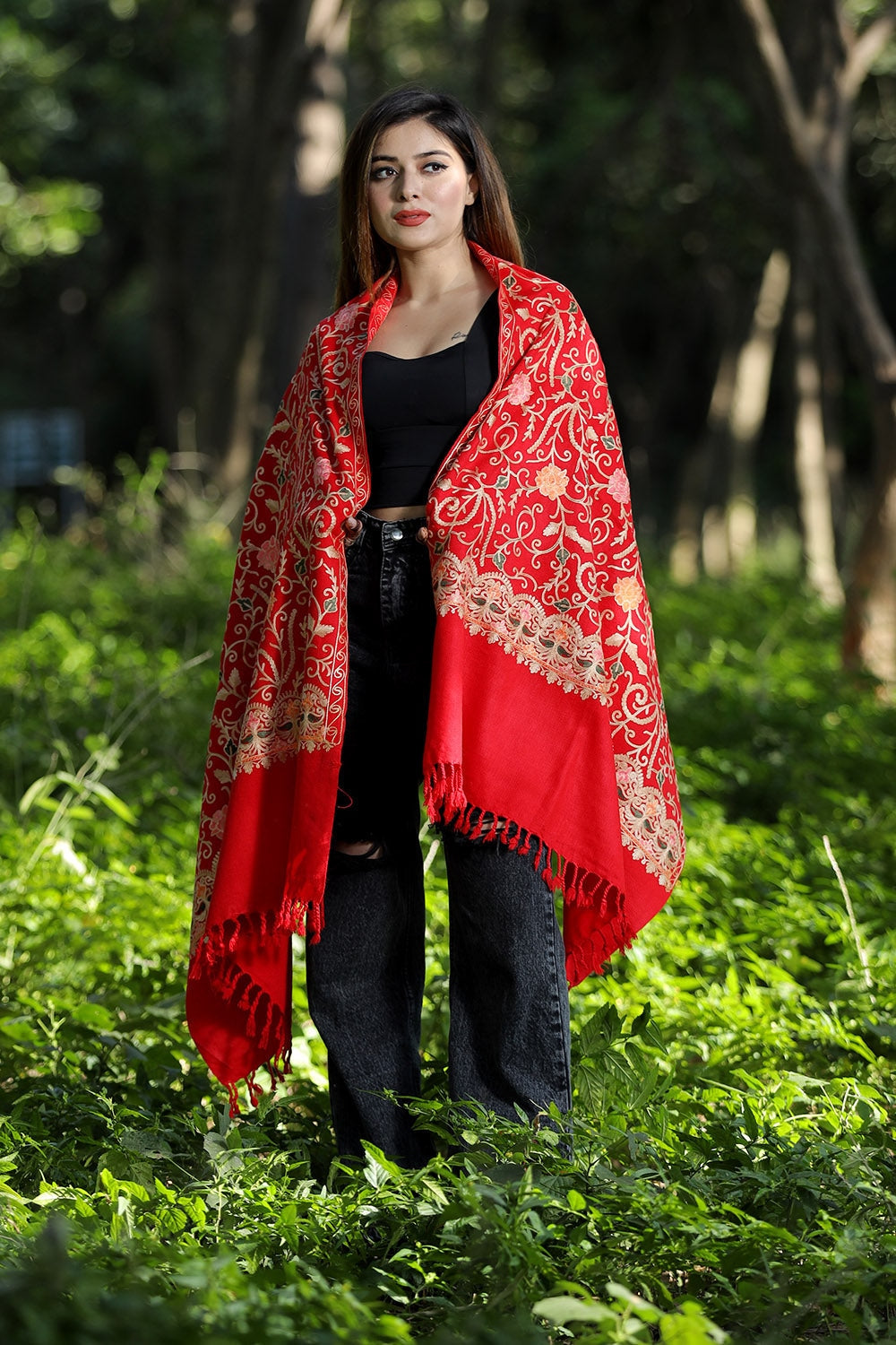 Red Colour Wolen Base With Rich All Over Kashmiri Jaal