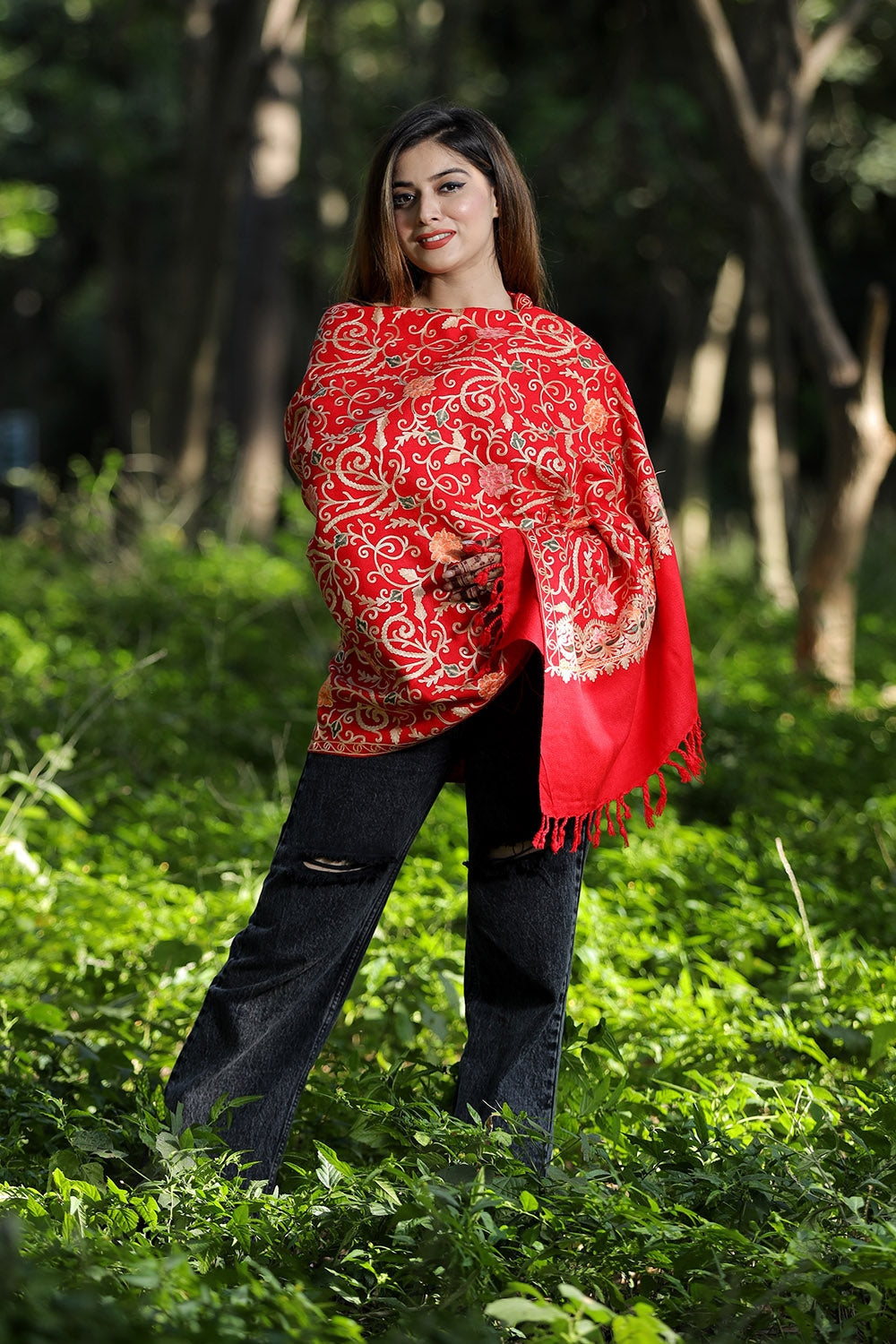 Red Colour Wolen Base With Rich All Over Kashmiri Jaal