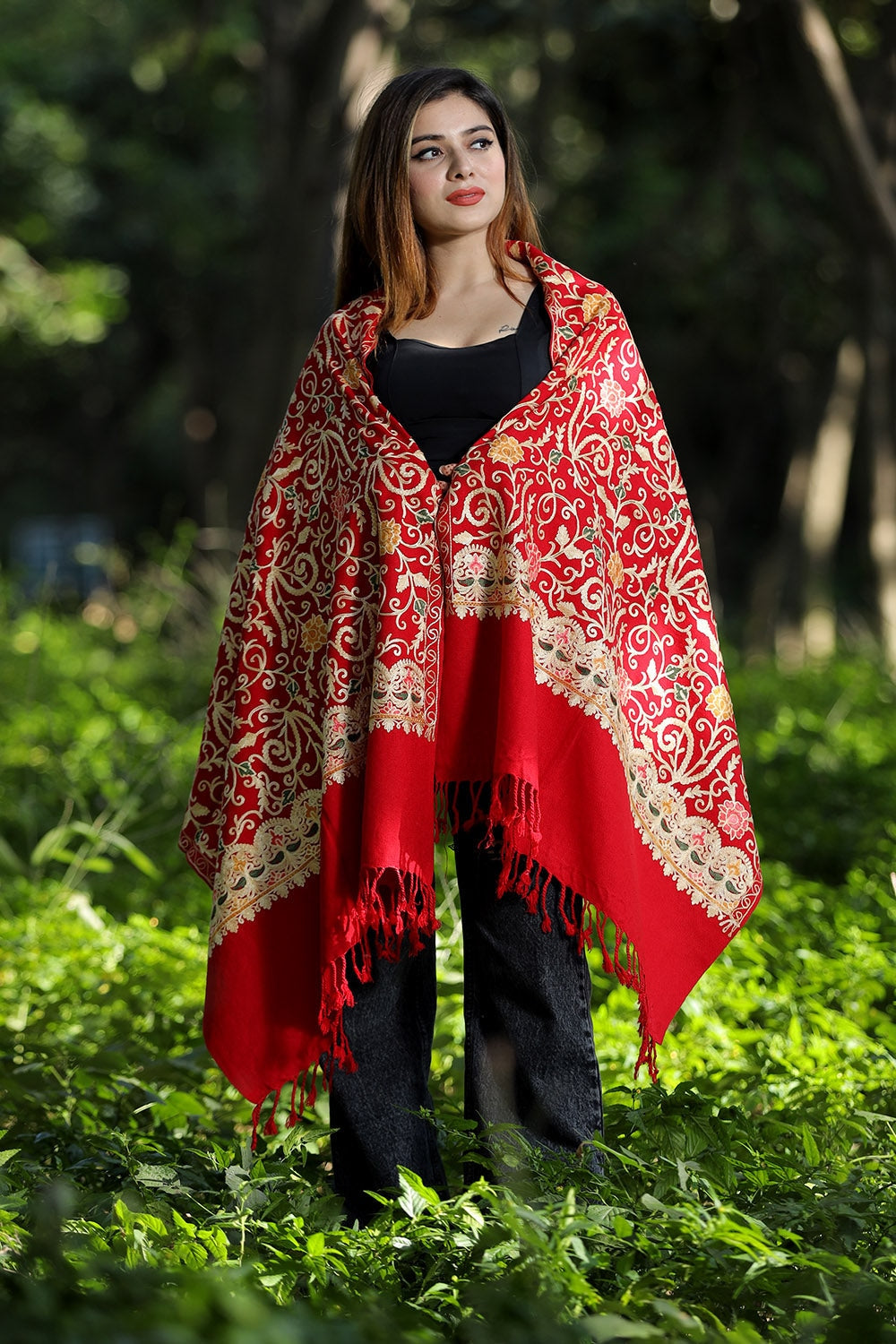 Red Colour Wolen Base With Rich All Over Kashmiri Jaal