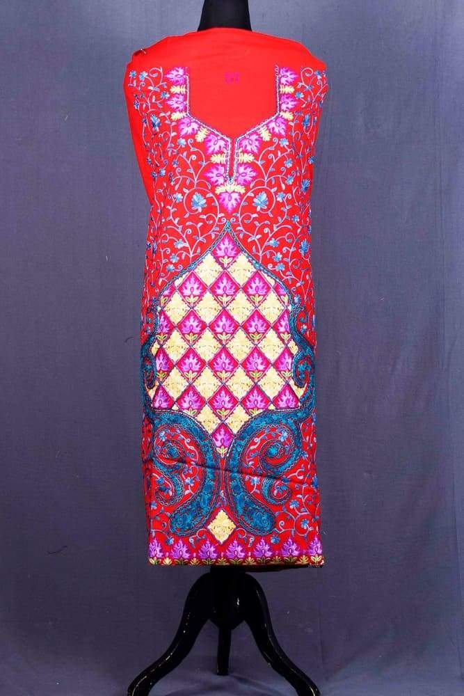 Red Colour Wool Aari Work Suit With Multi colour Crafted