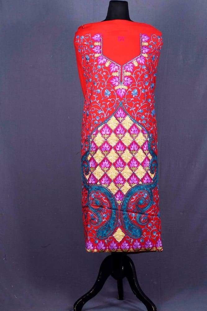 Red Colour Wool Aari Work Suit With Multi colour Crafted