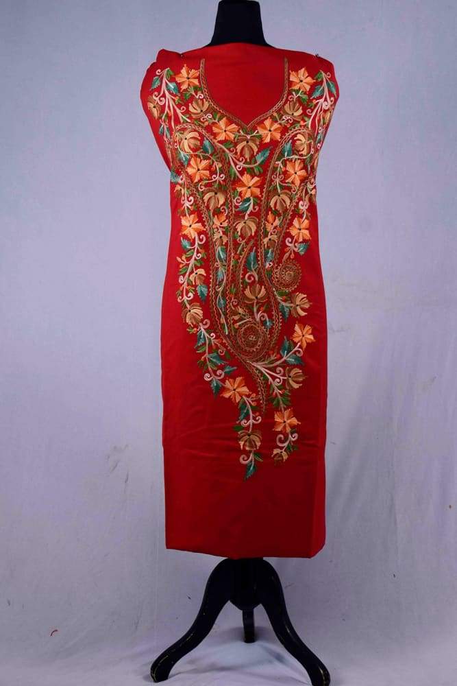Red Colour Wool Aari Work Suit With Stole Crafted Impeccably