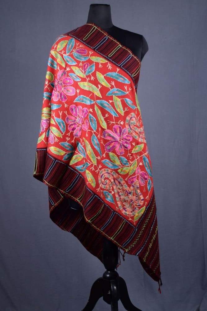 Red Colour Wool Aari Work Women Stole With Multi colour