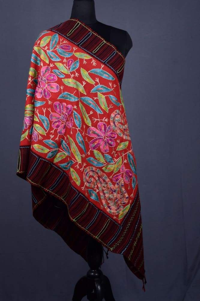 Red Colour Wool Aari Work Women Stole With Multi colour