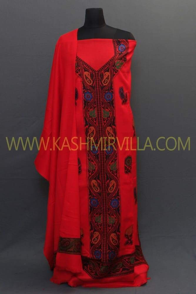 Red colour woolen suit with self woven embroidery known