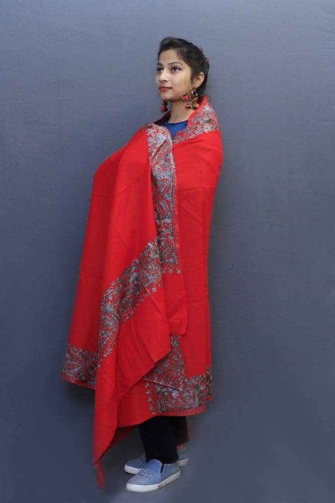 Red Colour Wrap With Grey Aari Embroidery Looks Beautiful