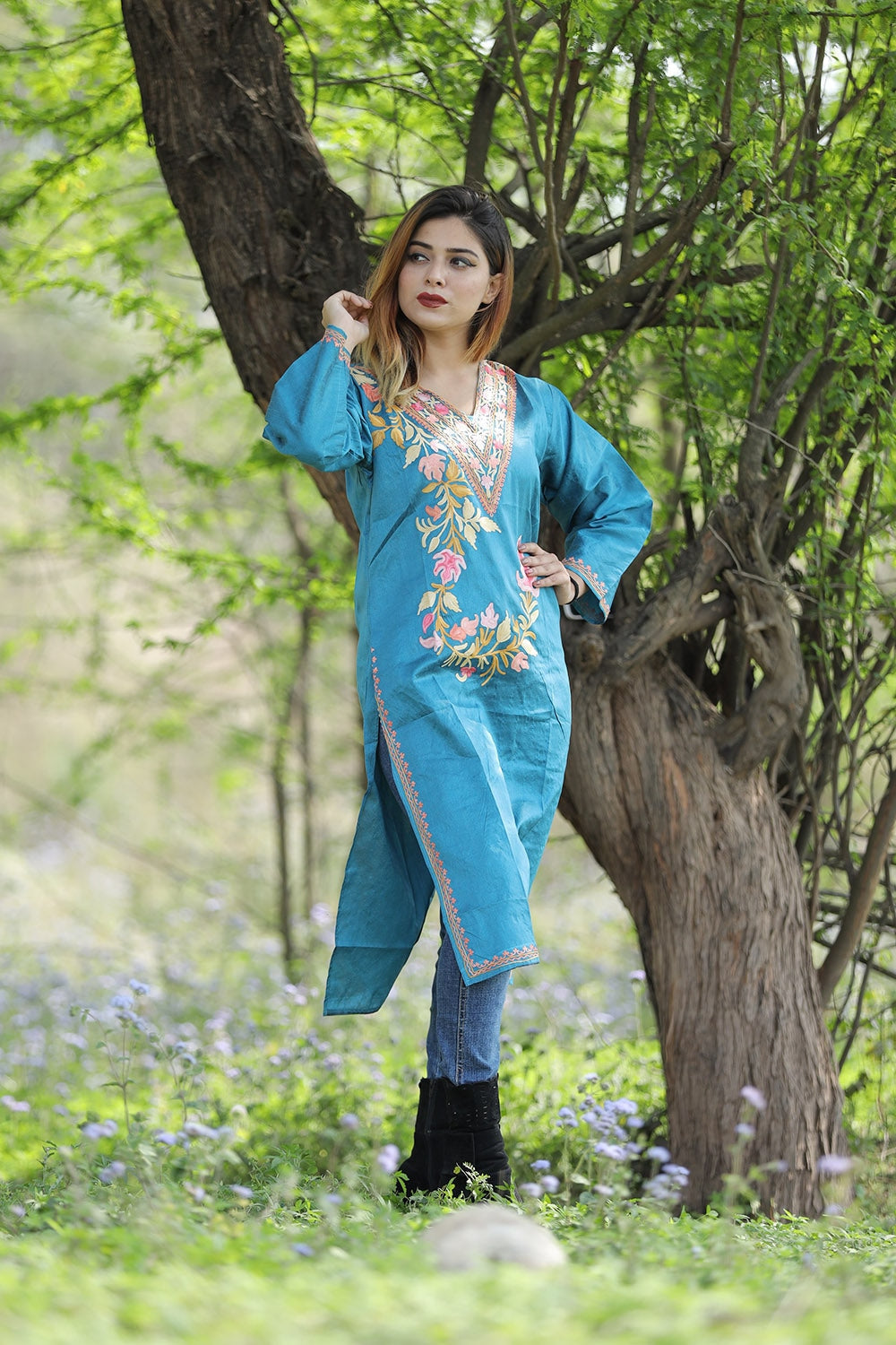 Refreshing Aqua Blue Colour Rayon Silk Kurti With Beautiful