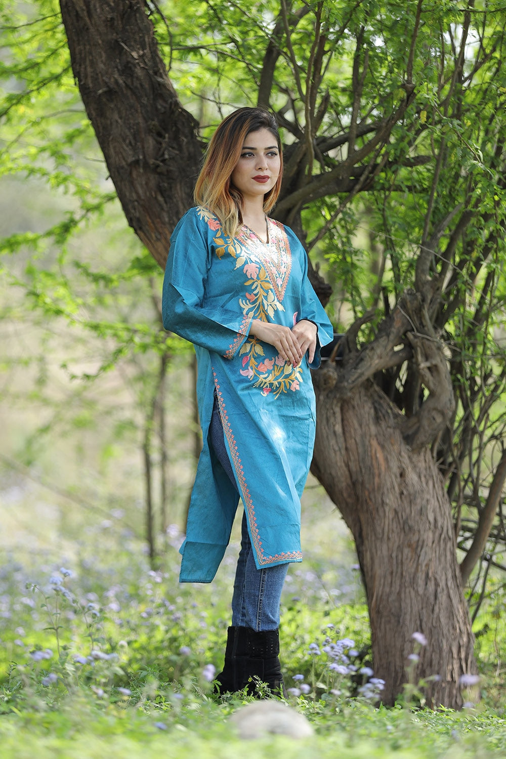 Refreshing Aqua Blue Colour Rayon Silk Kurti With Beautiful