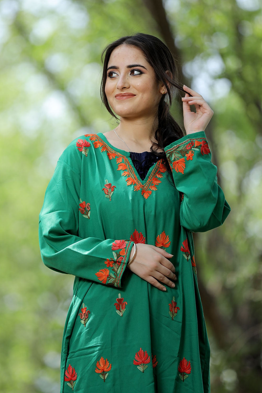 Refreshing Green Colour Cotton Kurti With Kashmiri Motifs