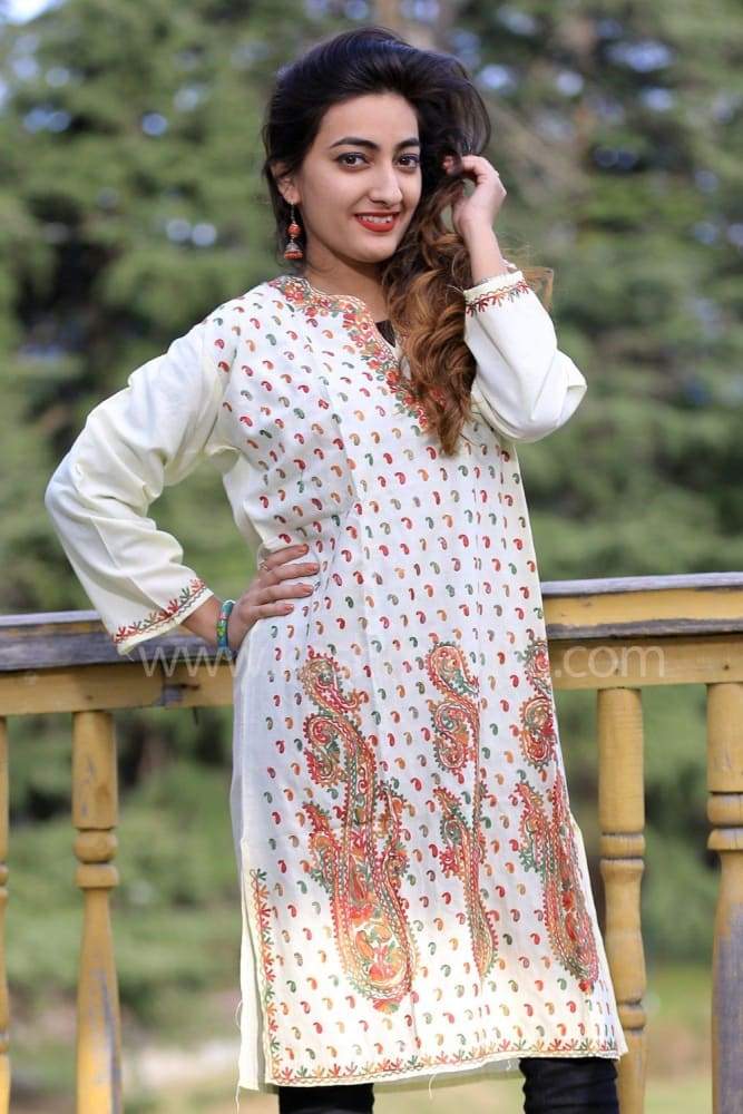 Refreshing Lemon Colour Aari Work Embroidered Kurti