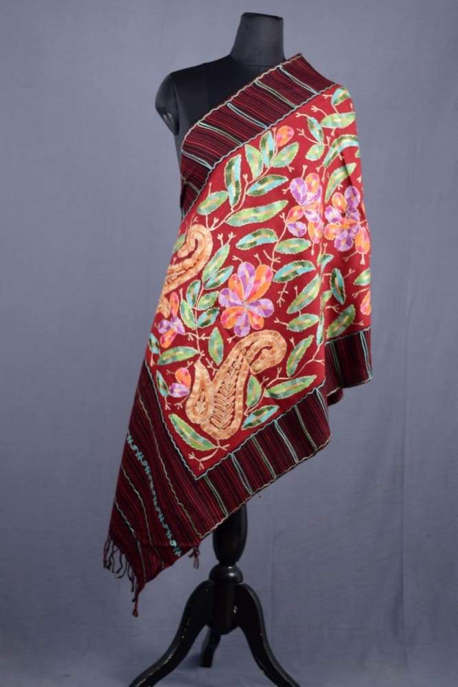 Rich Maroon Colour Kashmiri Aari Work Stole With Exclusive