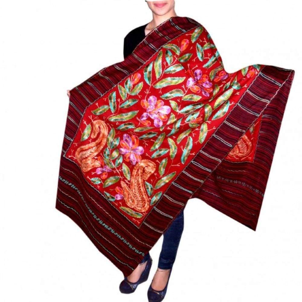 Rich Maroon Colour Kashmiri Aari Work Stole With Exclusive
