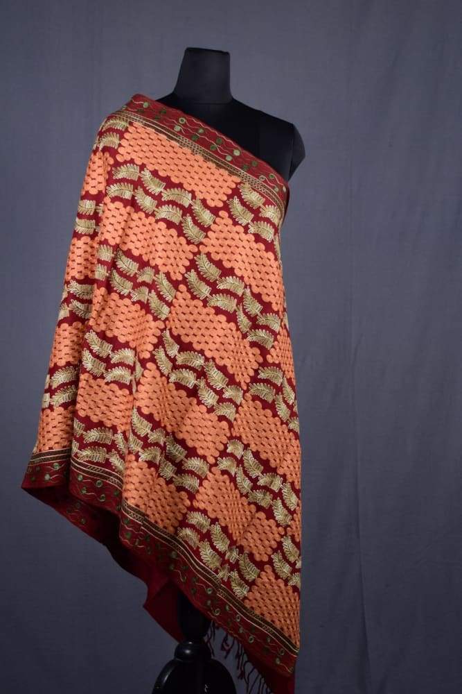 Rich Maroon Colour Kashmiri Aari Work Stole With Exclusive