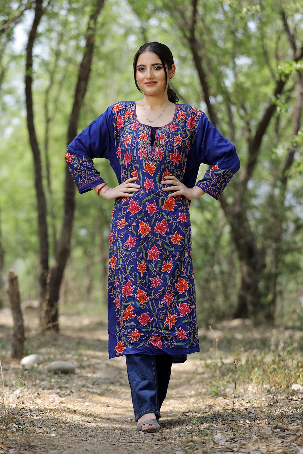 Royal Blue Colour Cotton Kurti With Multicolour Embroidered
