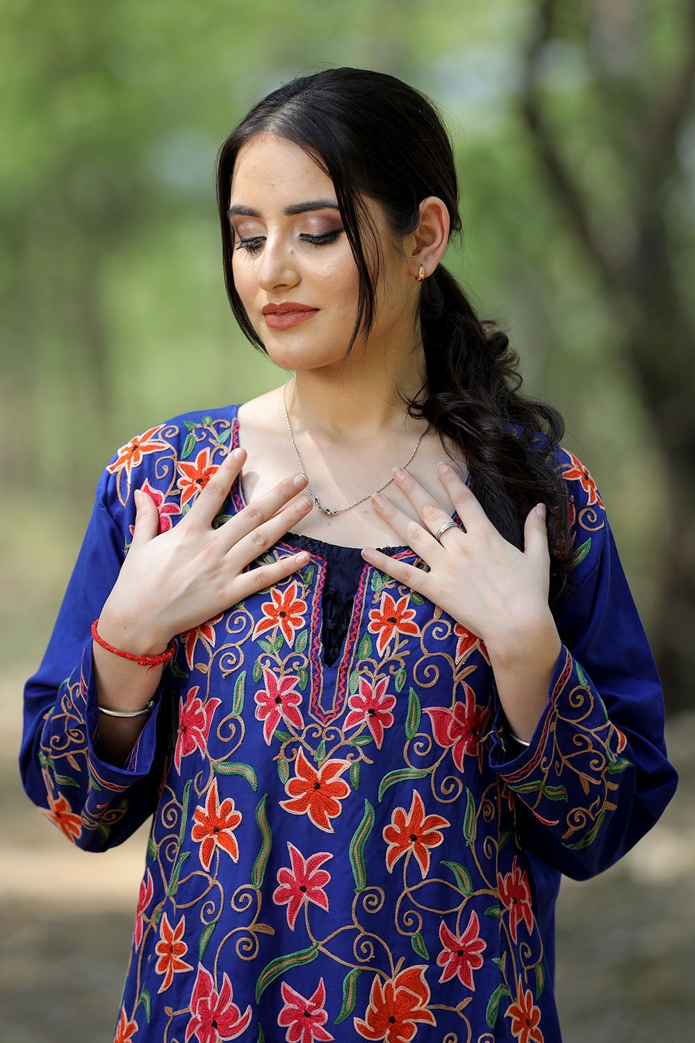 Royal Blue Colour Cotton Kurti With Multicolour Embroidered