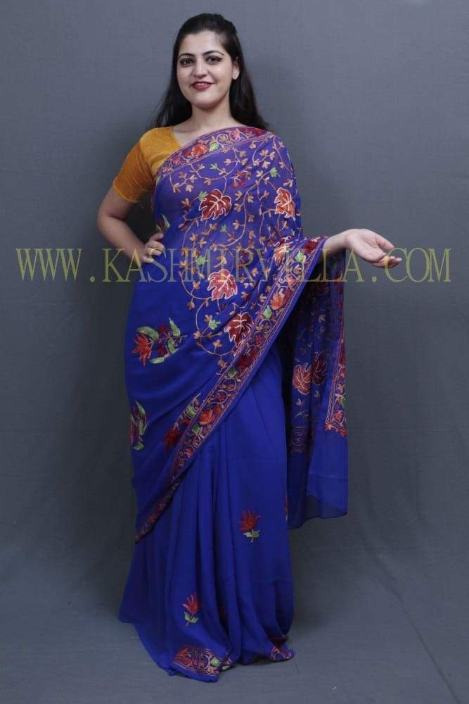 Royal Blue Colour Kashida Work Saree With Wonderful