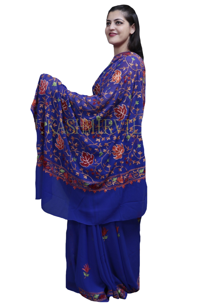 Royal Blue Colour Kashida Work Saree With Wonderful