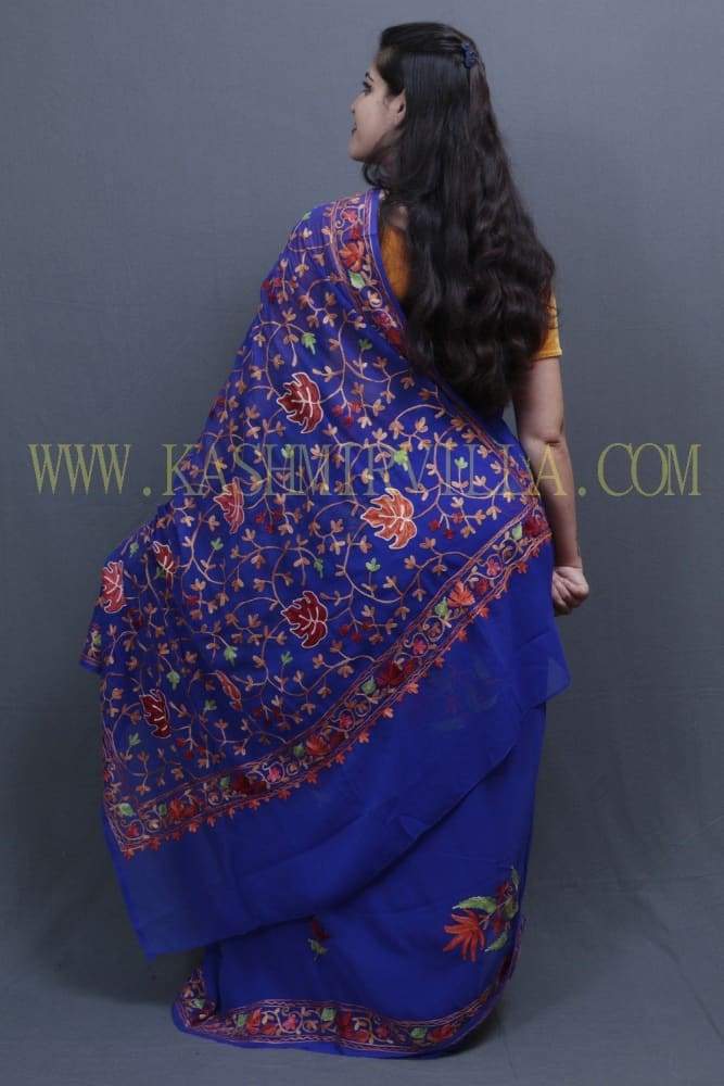 Royal Blue Colour Kashida Work Saree With Wonderful