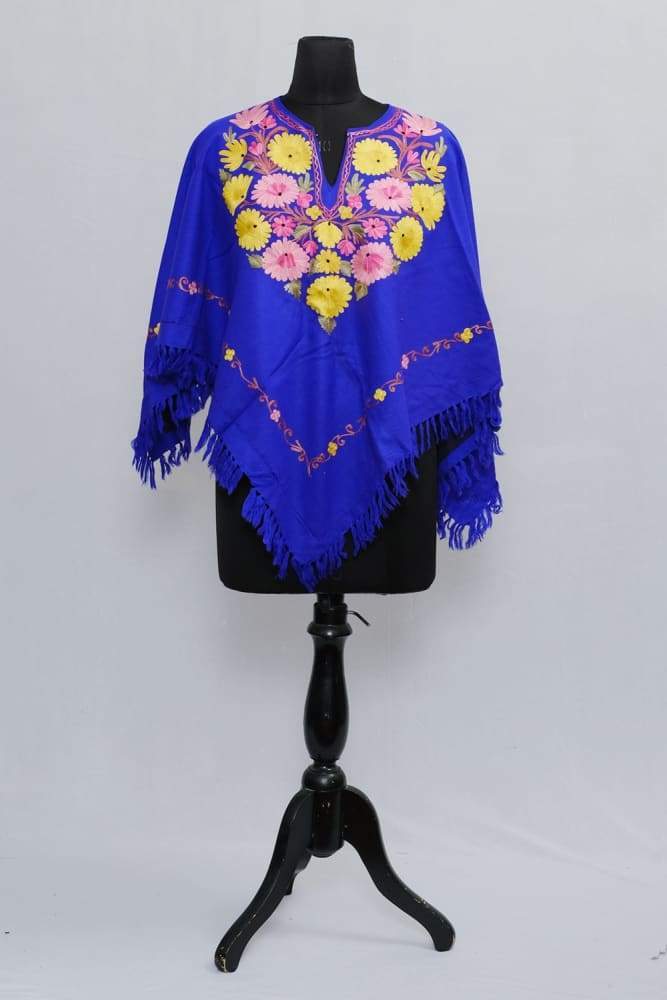 Royal Blue Colour Ponchu With Elegant Kashmiri Embroidery.