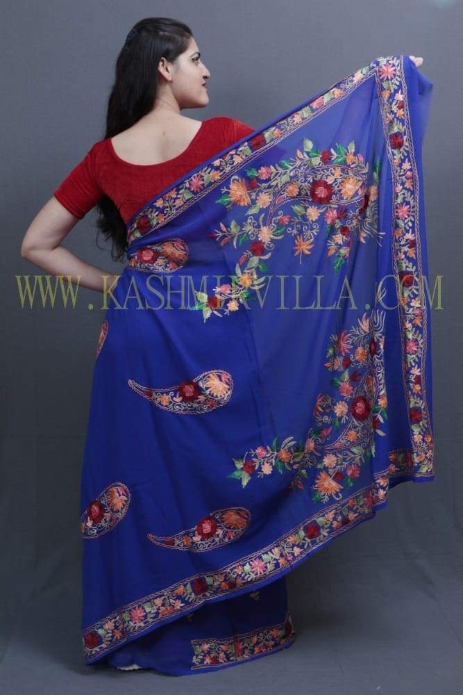 Royal Blue Colour Saree With Aari Work Border And Bold