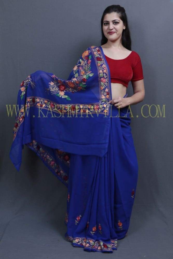 Royal Blue Colour Saree With Aari Work Border And Bold