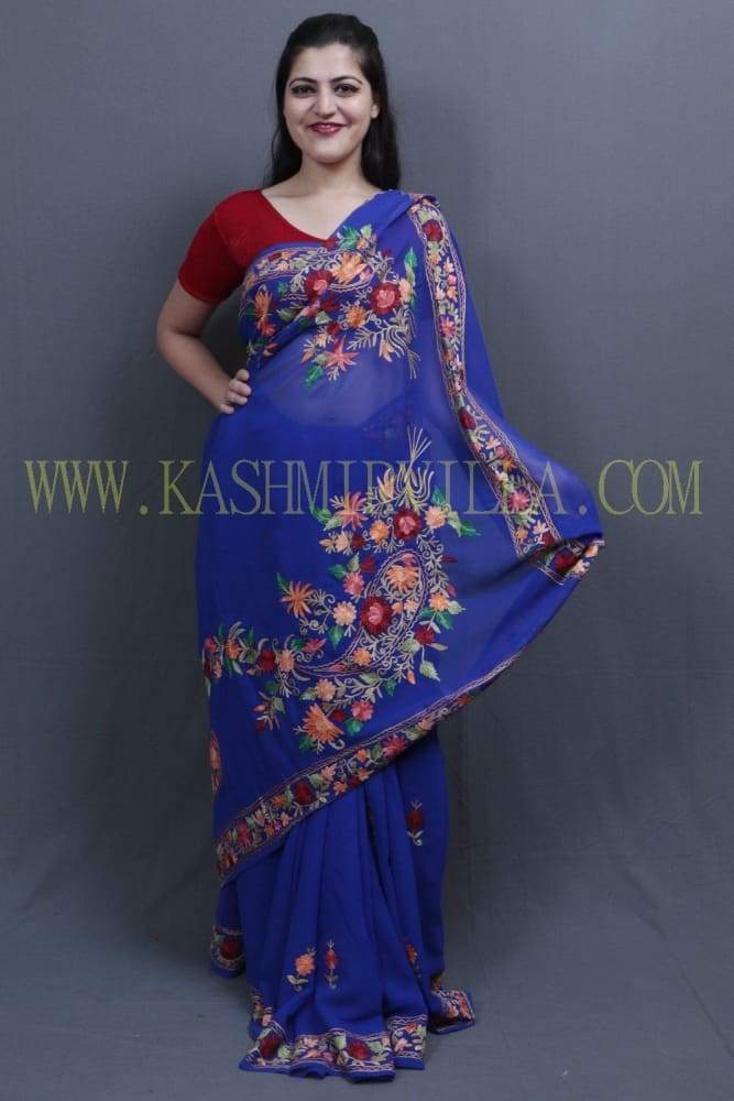 Royal Blue Colour Saree With Aari Work Border And Bold