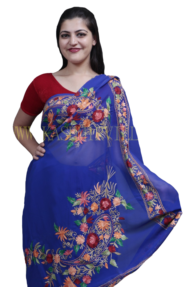 Royal Blue Colour Saree With Aari Work Border And Bold